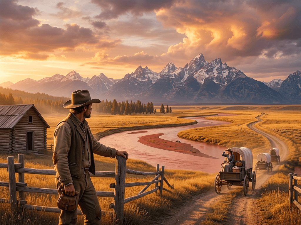 A cowboy watches as his darling rides away to the distant hills in a wagon train.