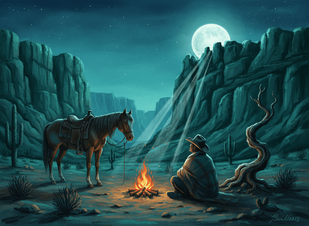 A lone cowboy sitting by a small campfire in a canyon at night, singing "Goodnight you Moonlight Ladies."