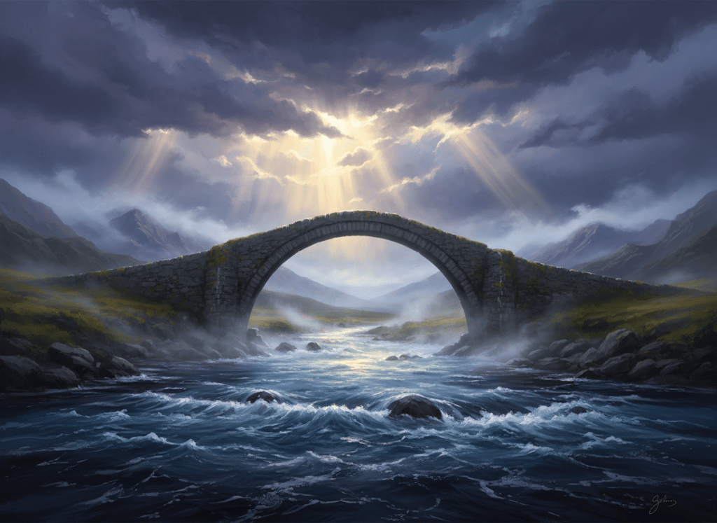 A stone bridge arching over dark, turbulent water, with golden light breaking through storm clouds above.