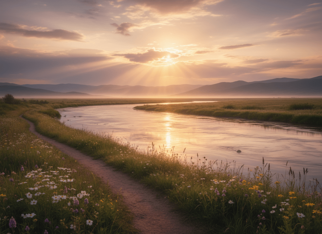 A serene, peaceful landscape at golden hour with soft light breaking through clouds over a calm river, reflecting warm golden and soft lavender hues.
