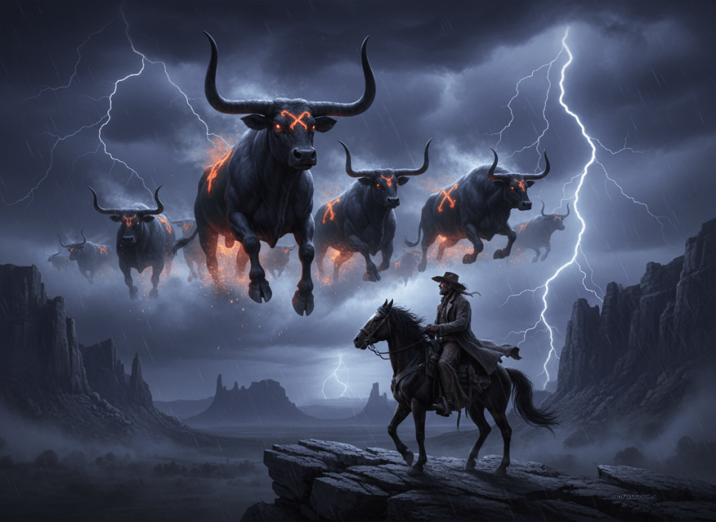 Ghost riders in the sky, with a lone cowboy watching as a herd of terrifying red-eyed cows flies overhead.