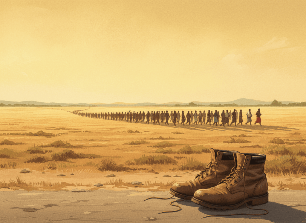 A landscape with marchers in a long line over a desert is expresses the hard ordeal facing civil rights marchers of the 1960s, with the visual metaphor or well worn boots in the foreground.