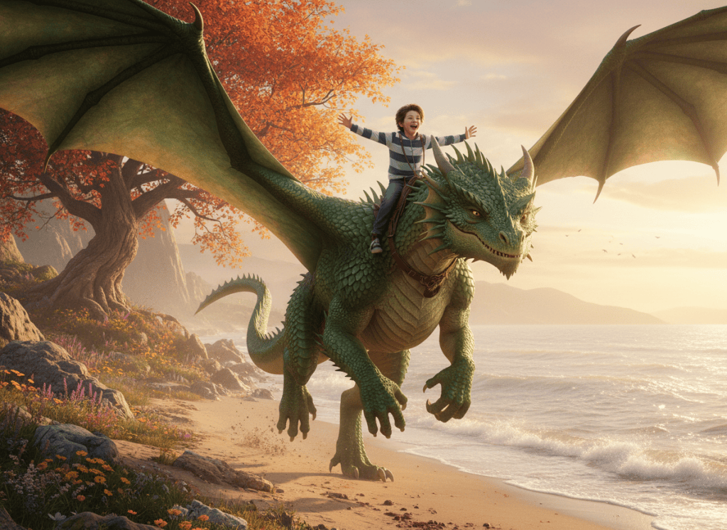 Puff, the Magic Dragon with Little Jackie Paper playing on the beach in Honalee.
