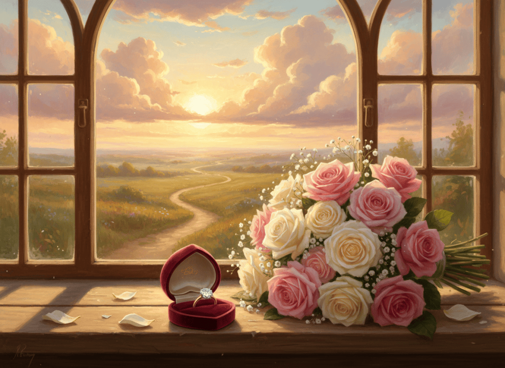 Painting of pink and cream roses and a diamond ring in a heart-shaped velvet box on a windowsill, with a winding country path and sunset beyond.