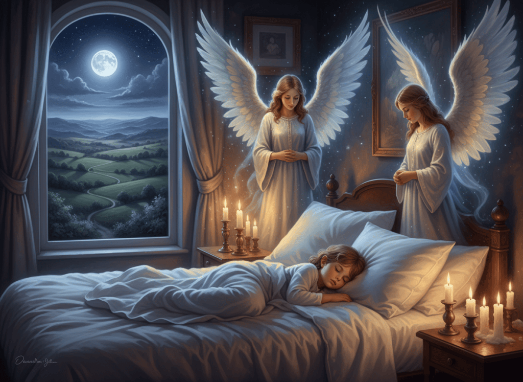 Angels surround the bed of a peacefully sleeping child, with a moonlit landscape visible through the window.
