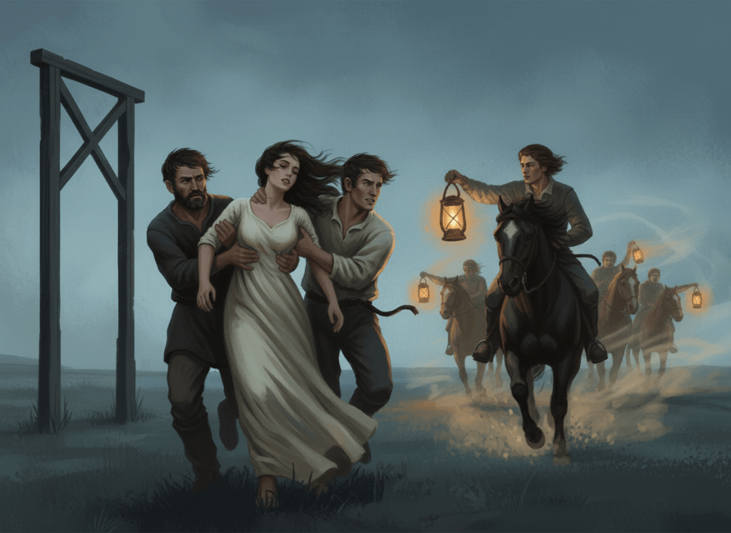 The bleak scene shows the maid's true love riding in on horseback just in time to save her from the gallows.