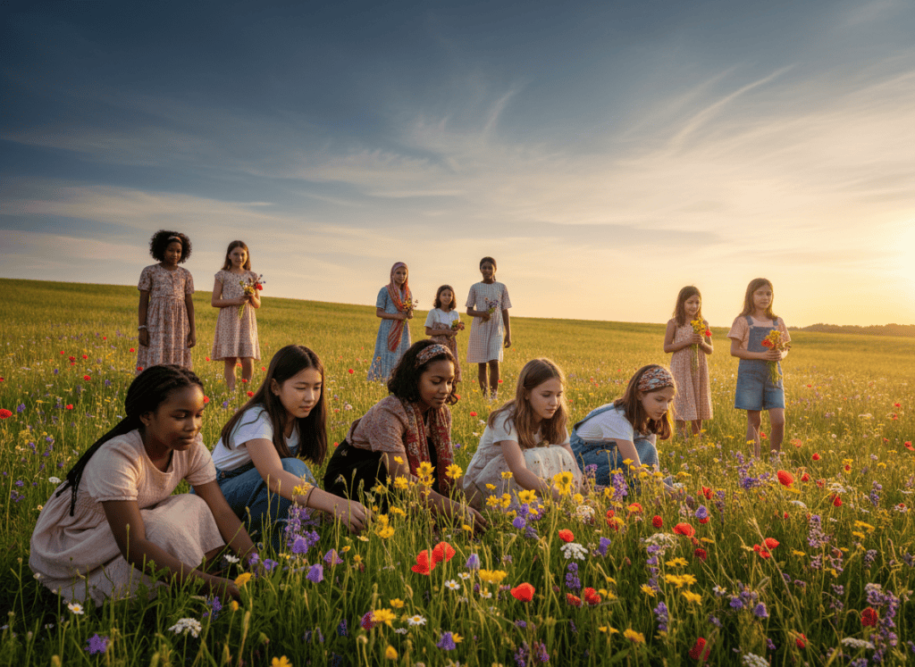Create a genuinely new photorealistic editorial image inspired by the folk song “Where Have All the Flowers Gone?”. A sunlit green hillside beneath a beautiful expansive blue-and-gold sky. Show a diverse group of present-day young girls, approximately ages 8–13, representing many racial and ethnic backgrounds, including Black, East Asian, South Asian, Latina, Middle Eastern, Indigenous, mixed-race, and White girls. Make diversity visually clear and balanced, with no single group dominant. Several girls are close in the foreground and clearly bending, kneeling, or reaching to pick wildflowers; other girls are farther back at varied distances. Natural candid poses, gentle reflective mood, colorful wildflowers, realistic proportions, authentic clothing, cinematic natural light, high detail, no text, no costumes, no flags, no war imagery, and do not reuse or closely match any previous composition.