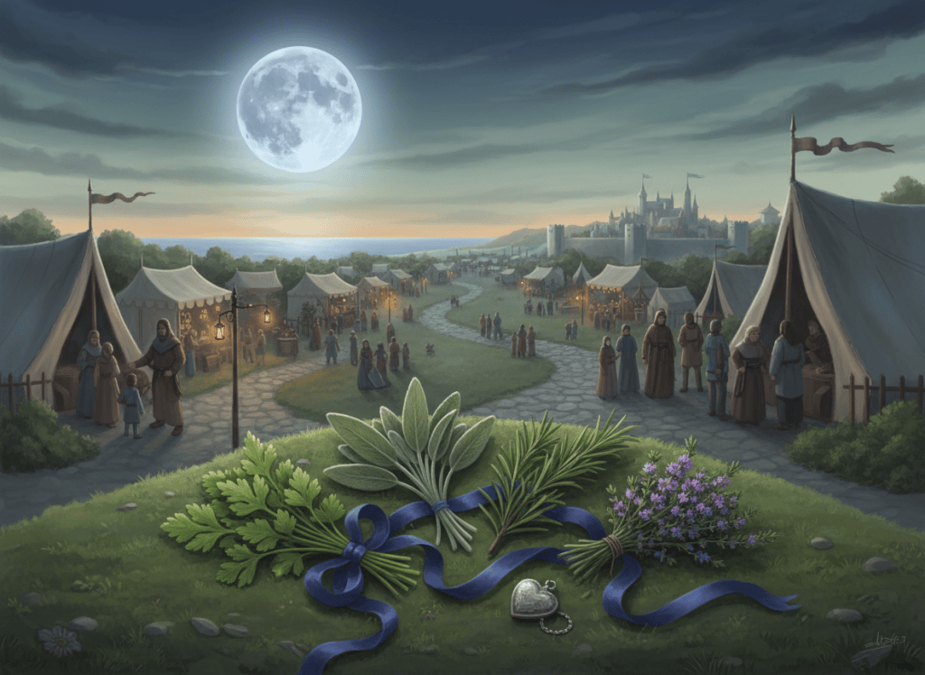 Bouquets of parsley, sage, rosemary, and thyme appear on a hillside while a medieval village lies under a full moon.