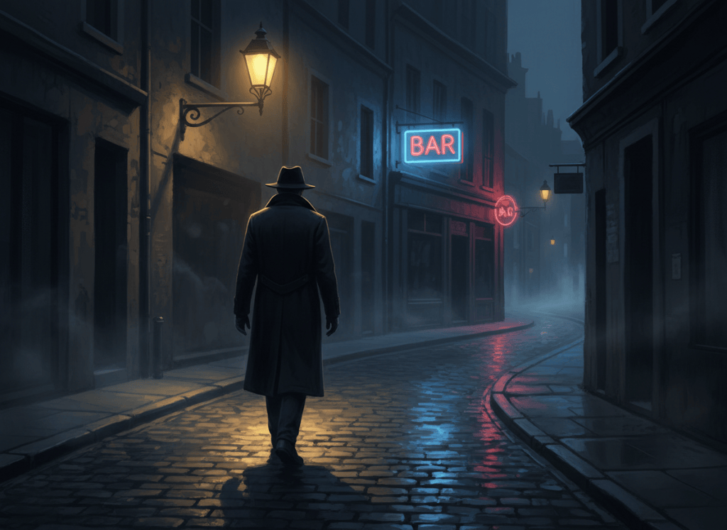 A symbolic cinematic illustration for the song “The Sound of Silence,” preserving the original scene: a lone solitary figure walking alone along wet narrow cobblestone streets at night, turned collar against cold damp air, beneath a warm golden-yellow streetlamp halo. In the distance, a realistic glowing neon sign clearly reads “BAR,” suggesting an all-night drinking place; the sign is a genuine mounted storefront sign with legible letters, casting colored neon light that sharply splits the dark night. Moody mist, reflections on wet cobblestones, quiet urban loneliness, restrained painterly realism, atmospheric and mysterious. Do not add any other text, people, or signs.