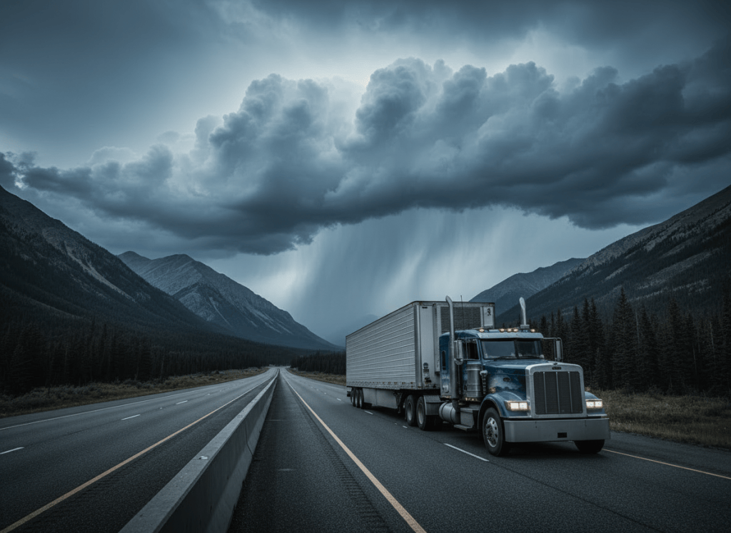 A long haul truck comes down the highway with a storm approaching over the mountains.