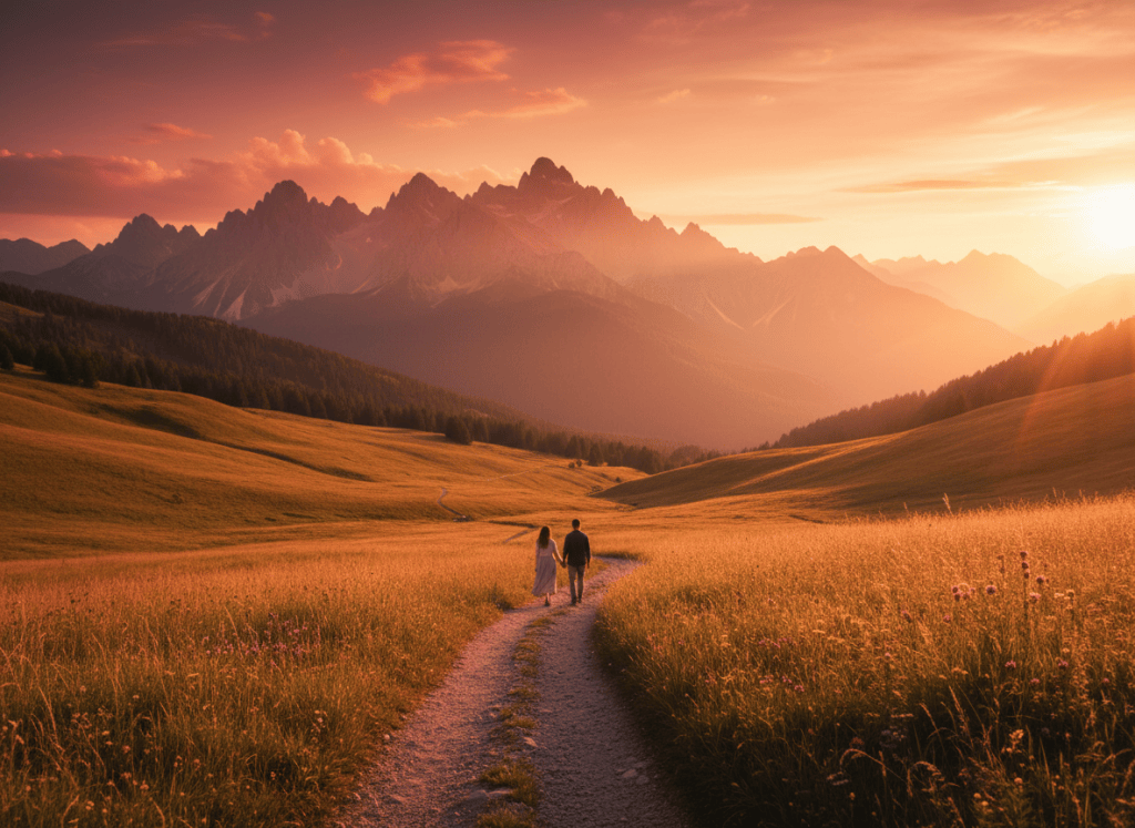 A couple walks together down a path into the distant hills.