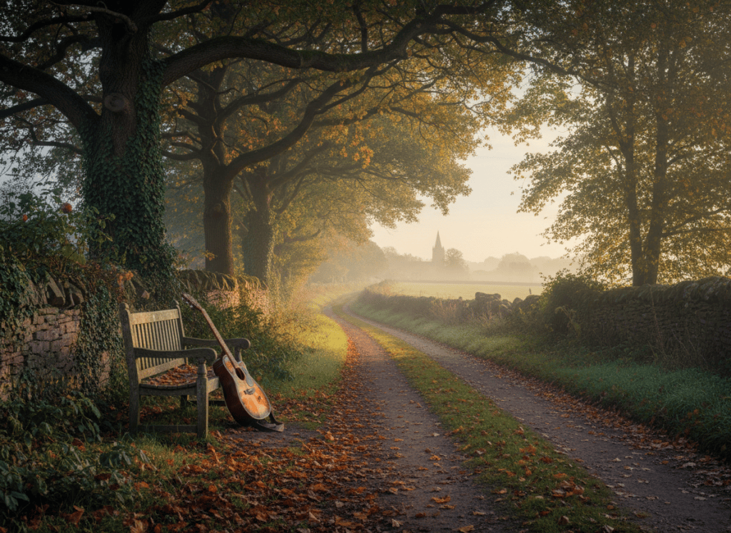 A nostalgic country scene shows a country path leading from the woods at dawn.