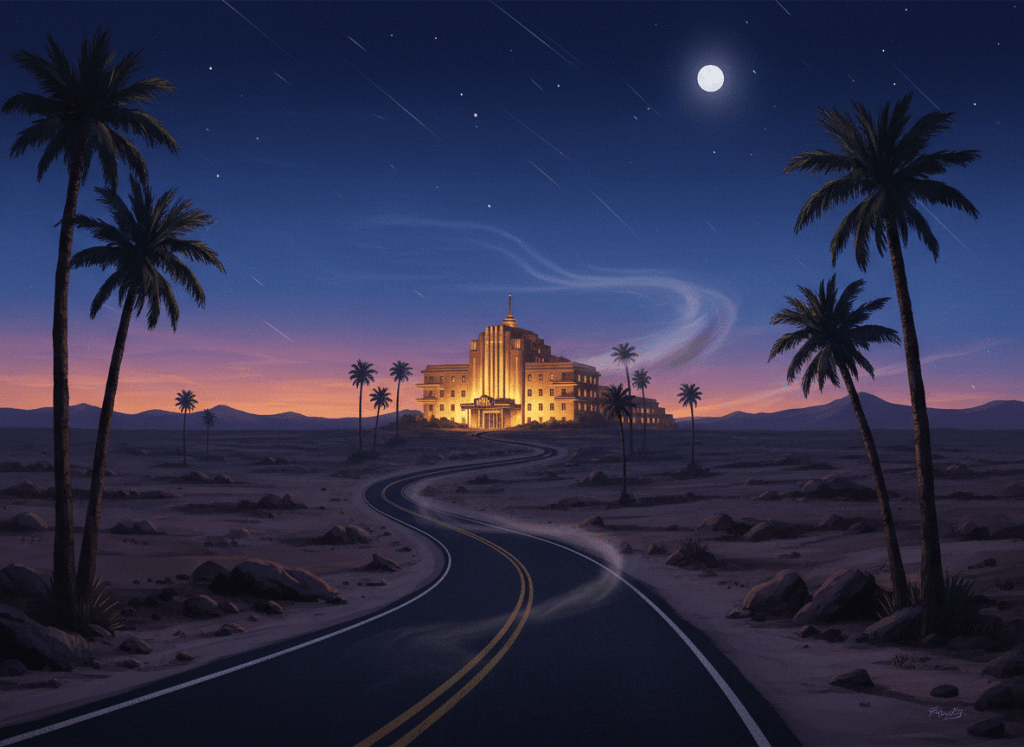 A mysterious desert scene at twilight shows a lone winding road leading toward an elegant golden art-deco hotel glowing in the distance.