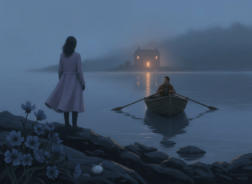 A woman stands alone on the shore of a river at night as a house on the far side glows and a friend approaches in a rowboat.