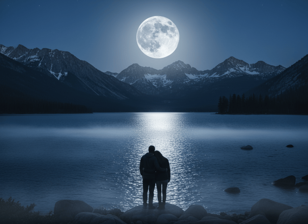 A couple stands at the edge of a lake surrounded by mountains and reflecting the full moon.