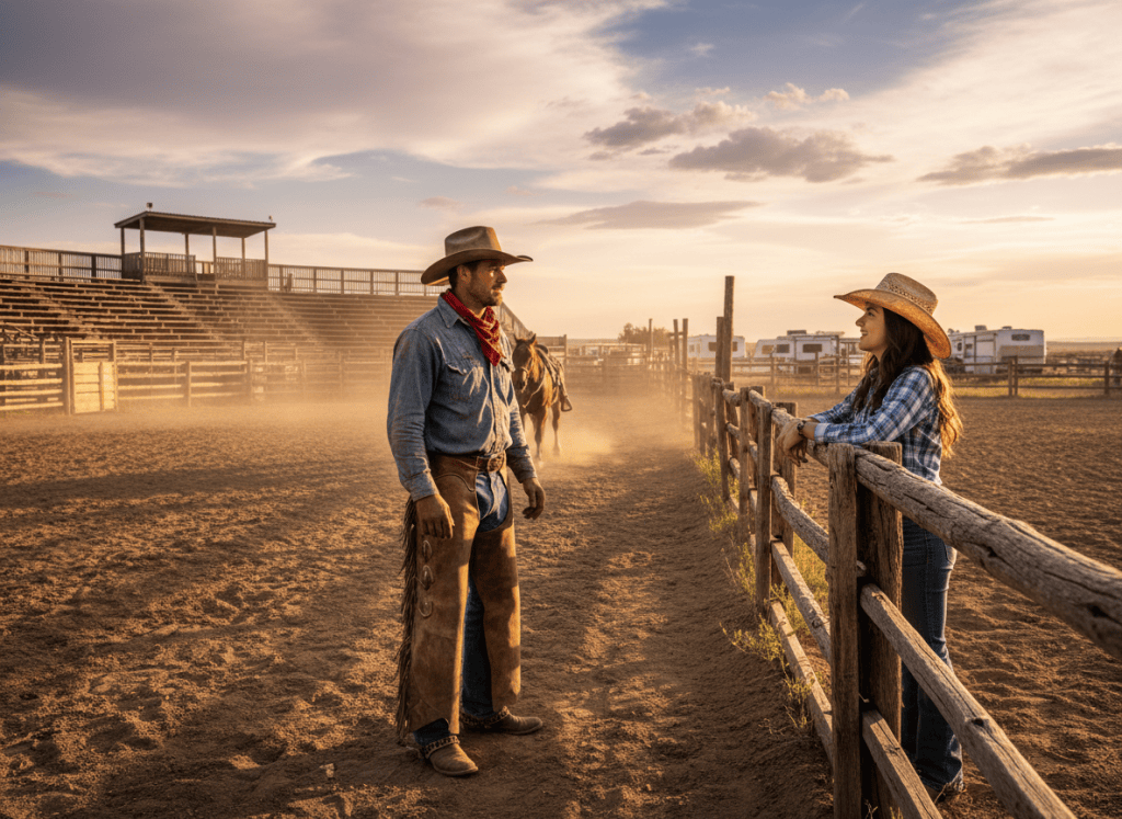 A girl talks to a rodeo rider over the fence with the dust from the arena blowing behind.