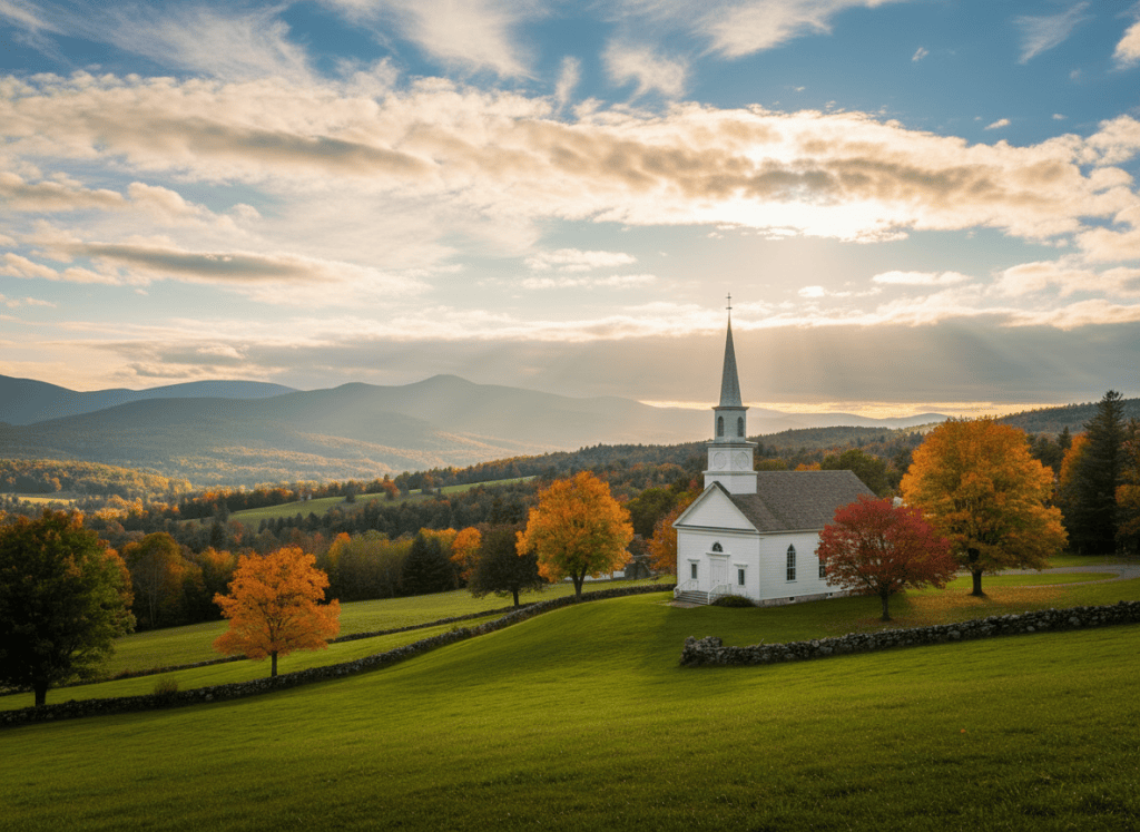 A white church stands beneath sunlit clouds on green rolling hills.