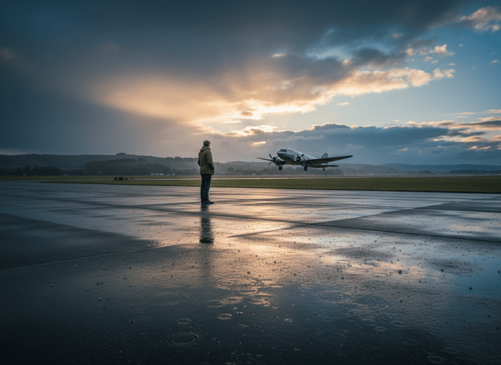 A photo-realistic, cinematic widescreen landscape inspired by Gordon Lightfoot's song “Early Morning Rain”: dawn at a quiet rural airport beside a small hometown, wet reflective pavement and gentle early morning rain in the foreground, a lone wistful figure watching from near the runway, a vintage silver passenger jet climbing westward into a break in the clouds, warm golden sunlight and blue sky above the cloud layer, distant green hills, dramatic sweeping composition, rich natural colors, atmospheric depth, emotionally evocative, highly detailed photography, no text, no borders, no black bars, no letterboxing.