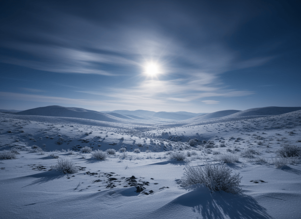 The Star of Bethlehem glows through the clouds and illuminates a snow-covered desert landscape.