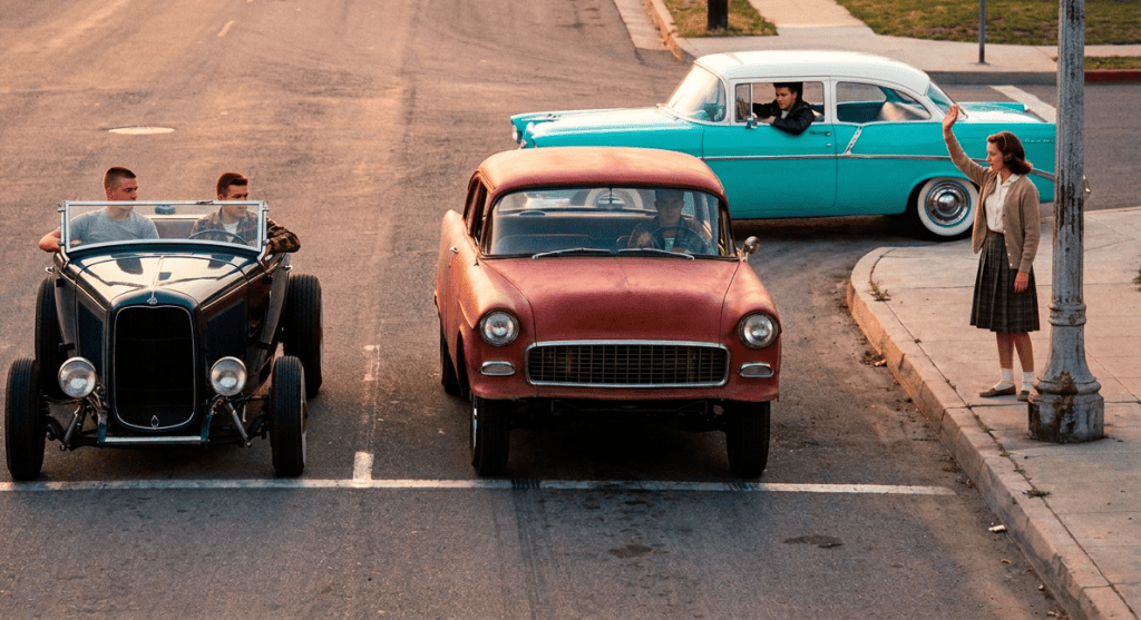 Three cars with teenage boy drivers are about to race with the girlfriend of one of the boys waving him on.