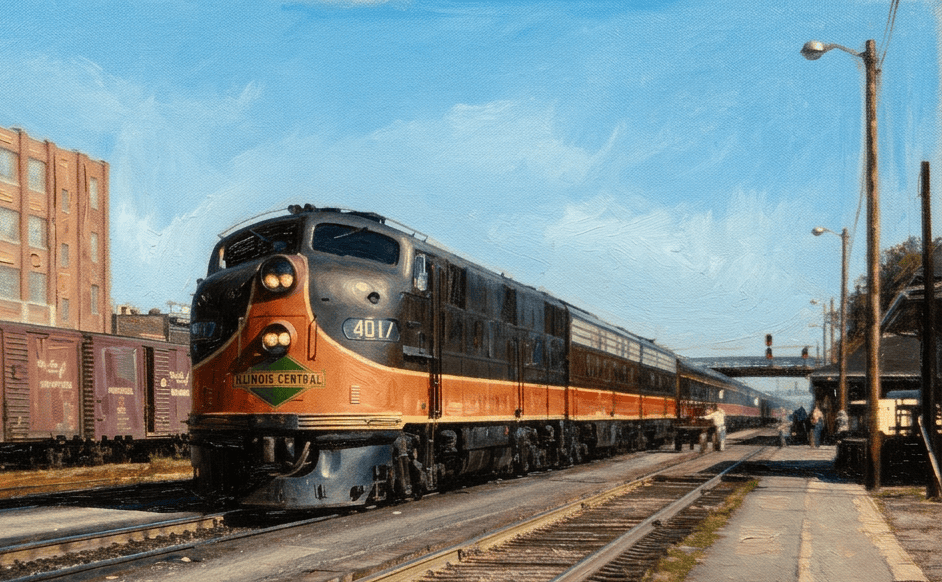Illinois Central Railroad train coming down the tracks wth a blue sky above and buildings to each side.