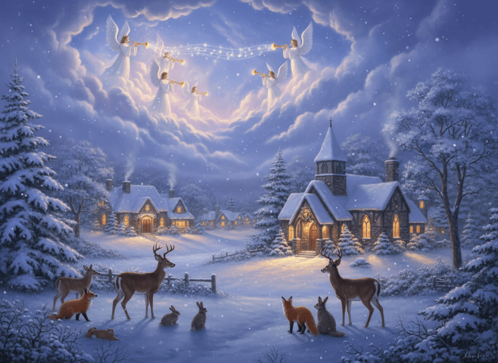 Heaven and nature sing with angels hovering in clouds over the peaceful village below with animals watching from the snowbound countryside.