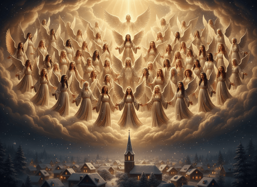 A choir of angels sings on clouds in a glowing depiction of heaven above a peaceful, snow-covered valley at night.