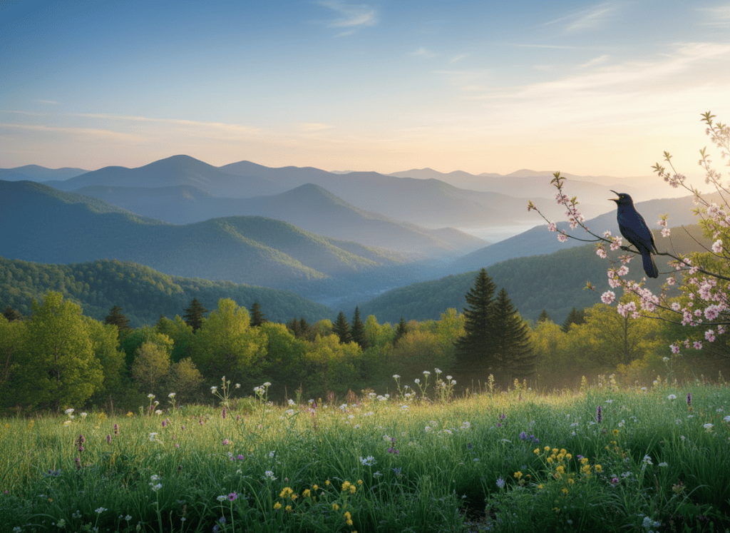 A panoramic landscape awakens with misty mountains, a soft golden sunrise, a flowering spring meadow, and a peaceful atmosphere as a blackbird sings from a blossoming cherry tree.