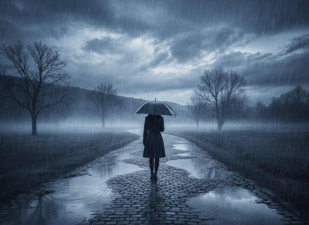A lone figure with an umbrella walks a rain-soaked path under stormy gray skies, as if love has turned from blue to gray.