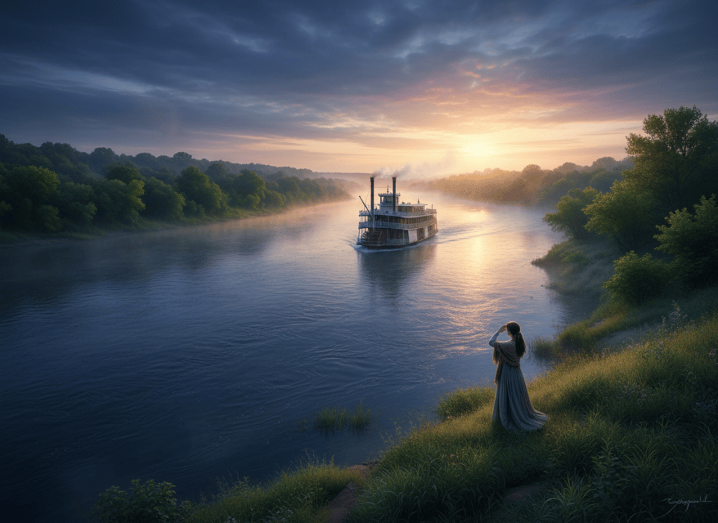 A riverboat coasts down the wide Missouri river while a lady stands on the verdant bank awaiting the arrival of her love. Early dawn light breaks through the foggy mist in this romantic, moody panoramic scene.