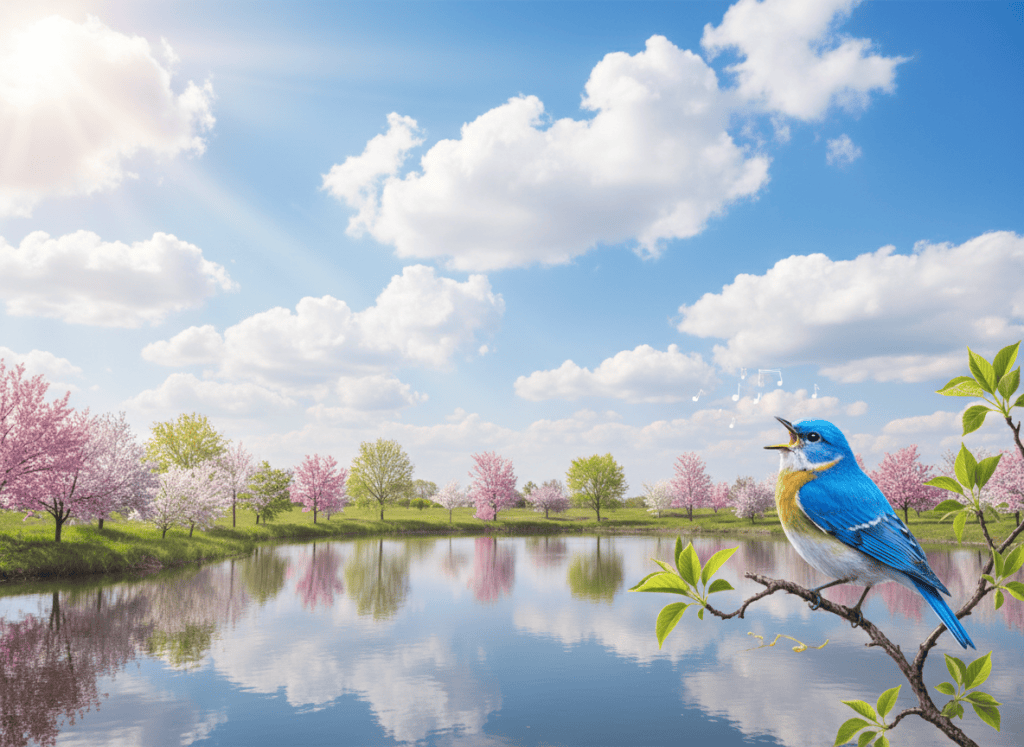 A bluebird sings in a flowering tree beside a quiet pond beneath a lovely blue sky with puffy white clouds, the sunlight softly filtering through.